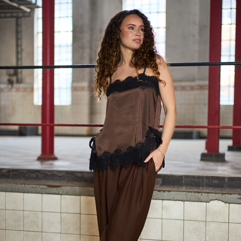 Black Colour BCEvie Lace Strap Top Coffee