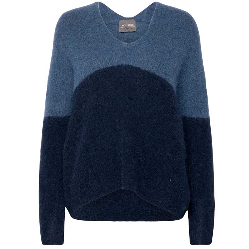 MOS MOSH MMTHORA V-NECK BLOCK KNIT BLÅ-J BY J Fashion