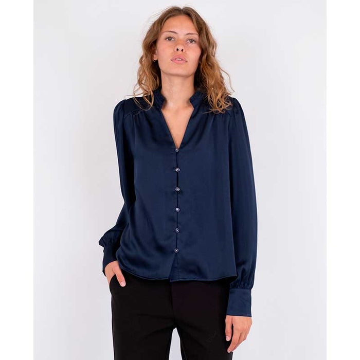 Neo Noir Massima Drapy Satin Blouse Navy