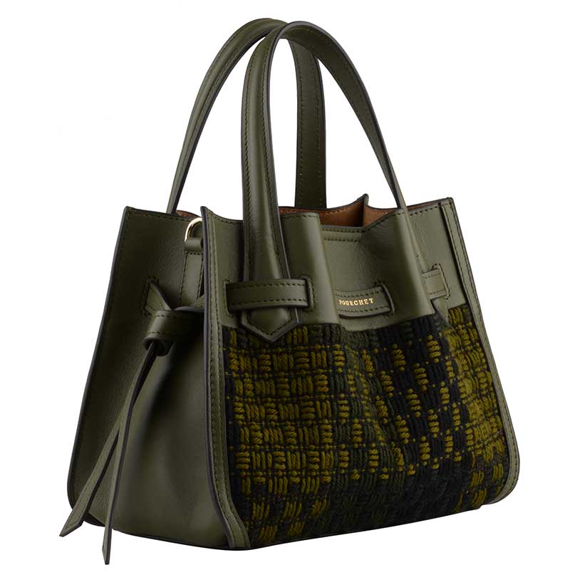 POURCHET PARIS 23131 SMALL BLOSSOM TWEED LEATHER BAG ARMY