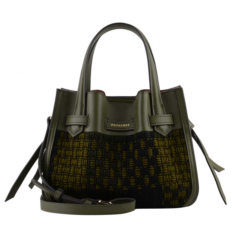 POURCHET PARIS 23131 SMALL BLOSSOM TWEED LEATHER BAG ARMY