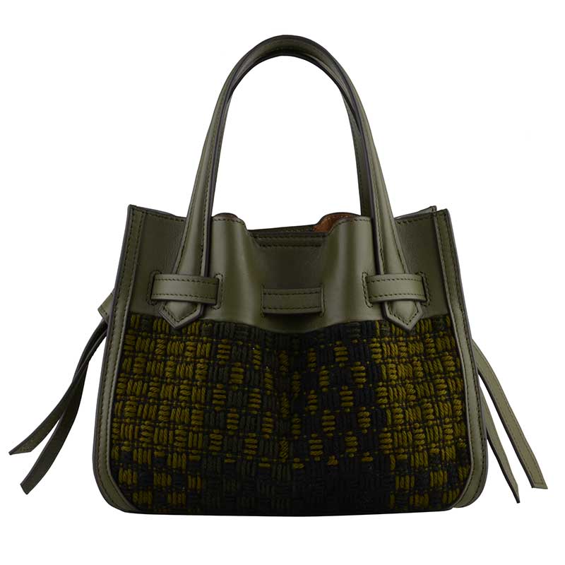 POURCHET PARIS 23131 SMALL BLOSSOM TWEED LEATHER BAG ARMY