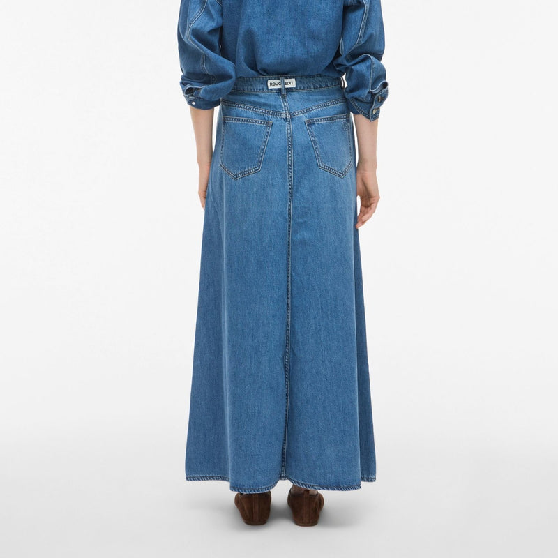 Rouge Edit Roufeather HW Ankle Denim Skirt Medium Blue Denim