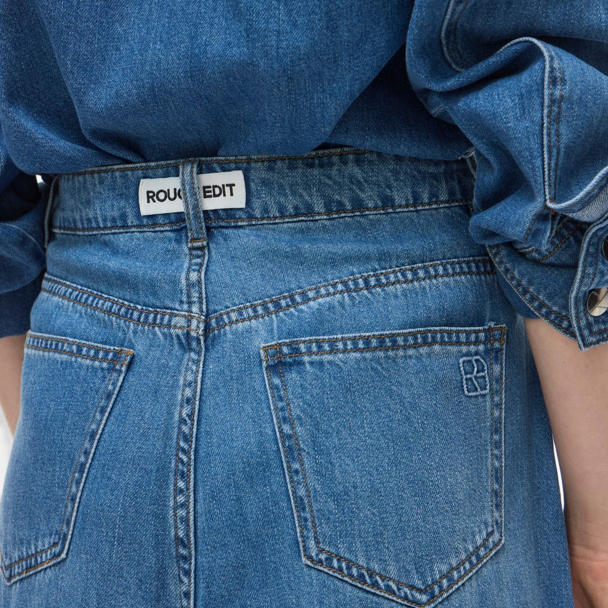 Rouge Edit Roufeather HW Ankle Denim Skirt Medium Blue Denim