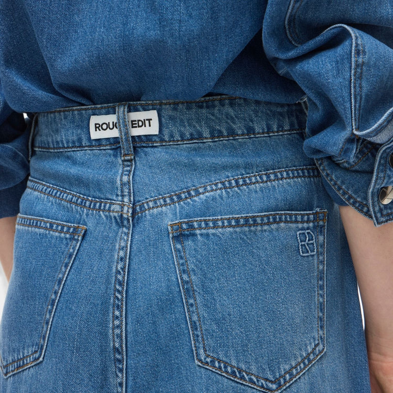 Rouge Edit Roufeather HW Ankle Denim Skirt Medium Blue Denim
